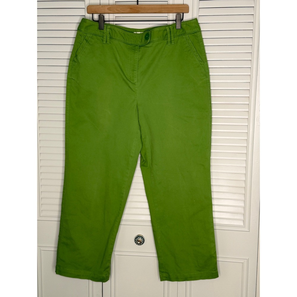Talbots Stretch Womens 14 Green Cotton Chino Crop Pants Straight Leg